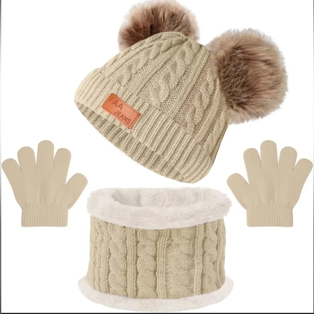 Beige NIP 3 Piece Winter Beanie Pom Pom Hat Neck Warmer Gloves Knit Fleece Lined